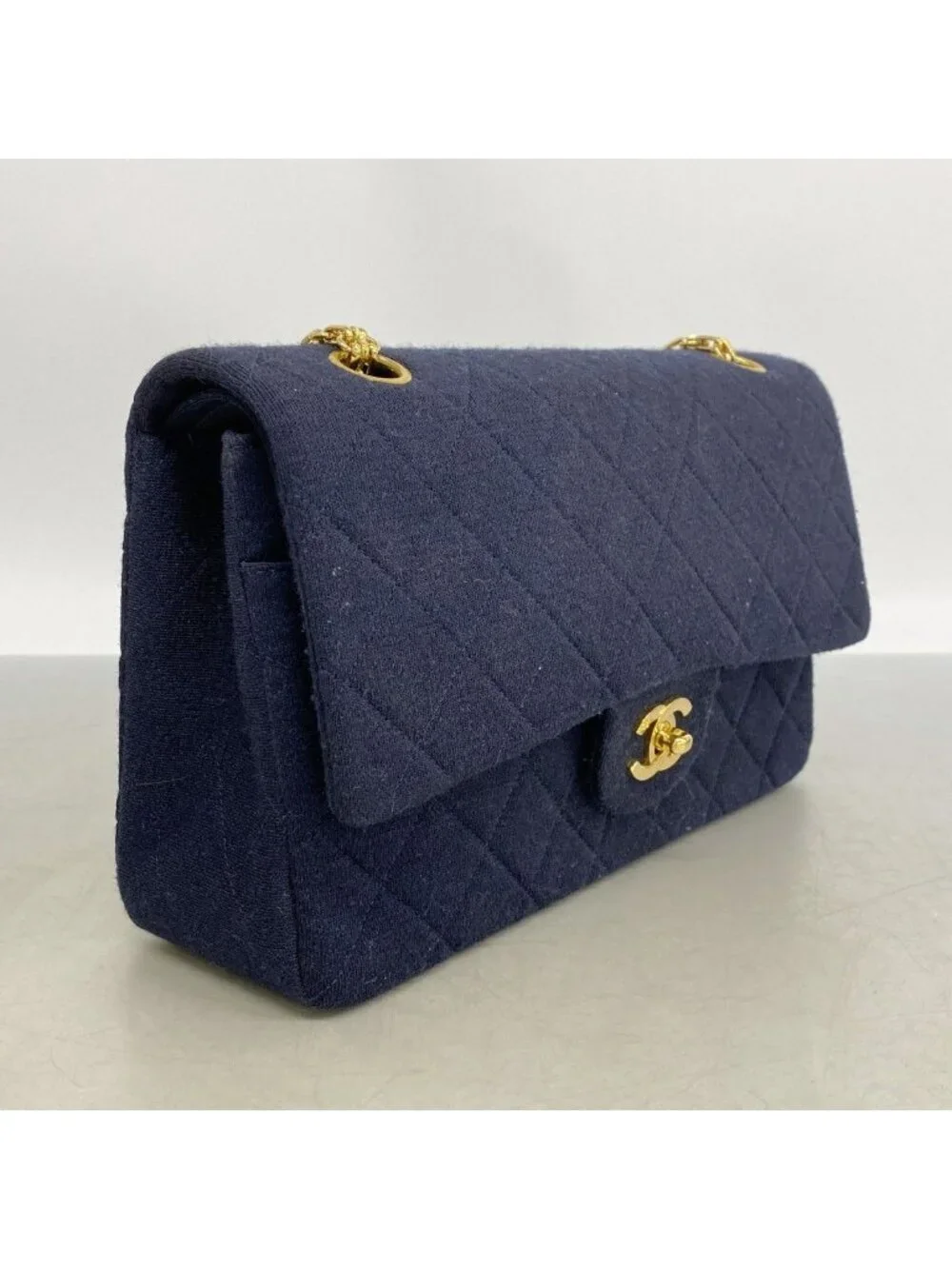Chanel Shoulder Bag Quilted Navy Gold